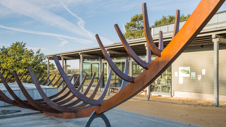 A metal sculpture of the Anglo-Saxon ship found at Sutton Hoo in Suffolk